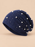 Bonnet slouchy femme orné de perles et strass, bleu marine, vue de face