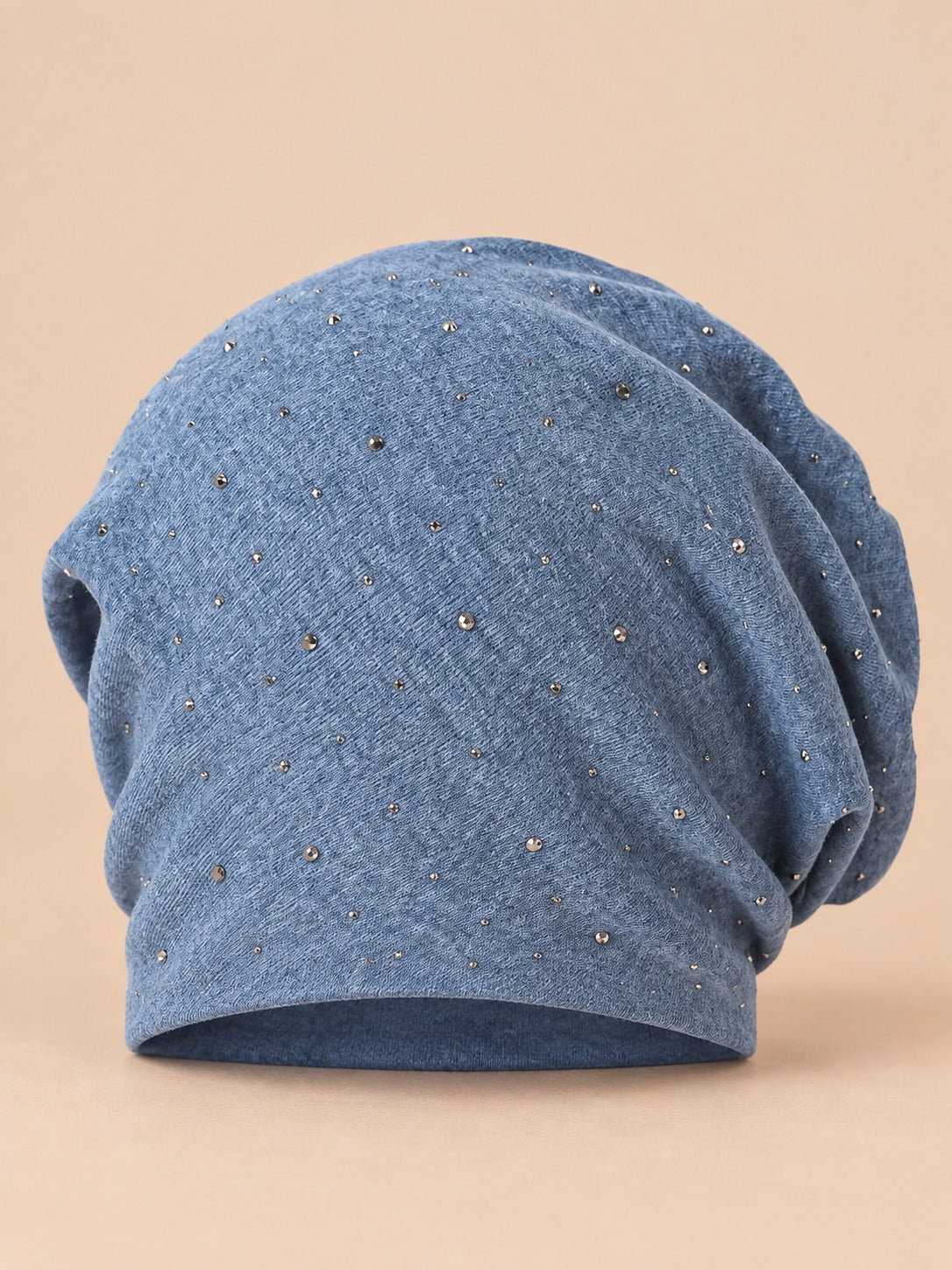 Bonnet slouchy femme à strass en coton tricoté, bleu jean, vue de face