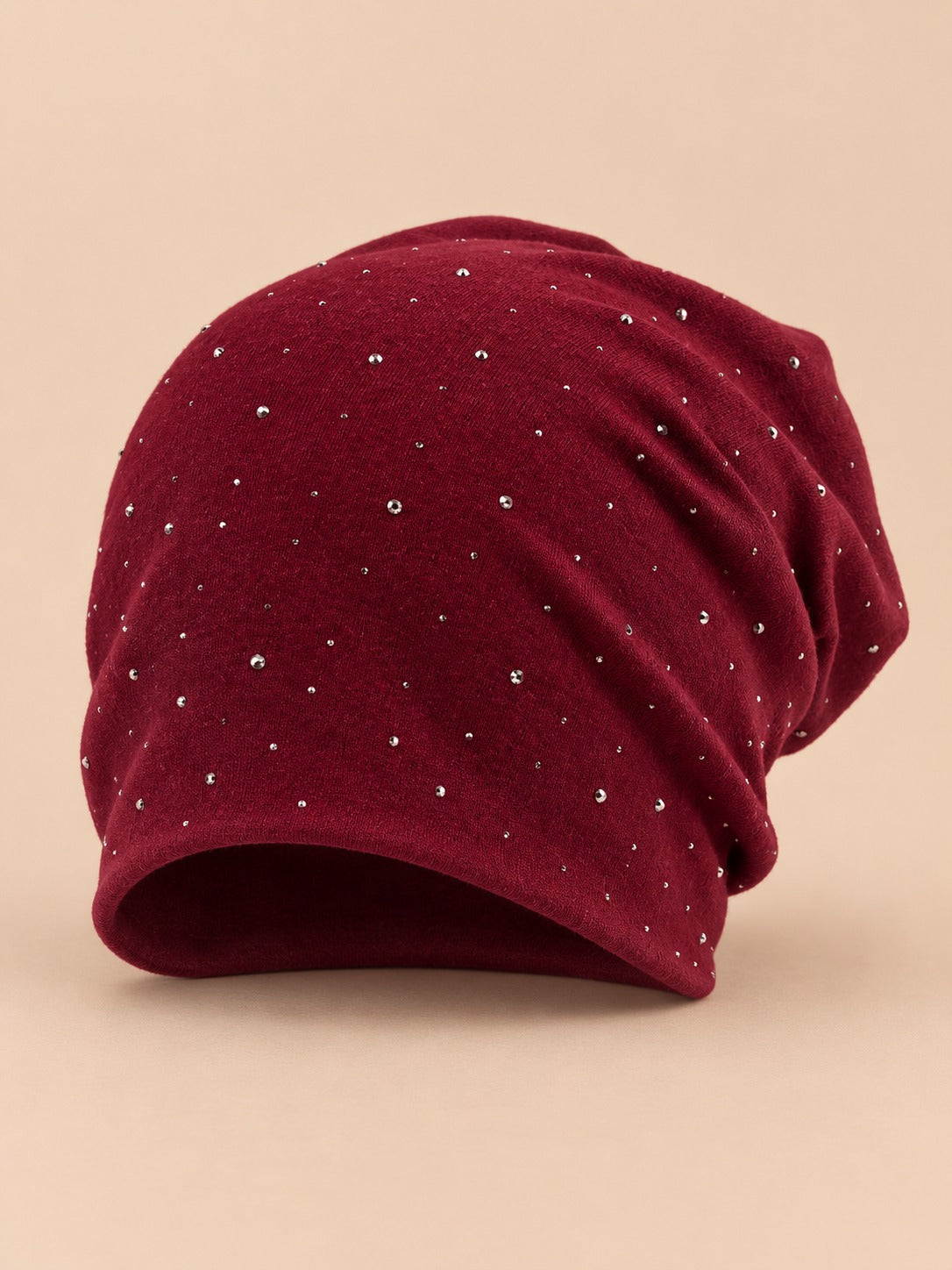 Bonnet slouchy femme à strass en coton tricoté, bordeaux, vue de face