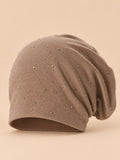 Bonnet slouchy femme à strass en coton tricoté, marron clair, vue de face