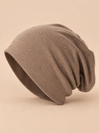 Bonnet slouchy femme à strass en coton tricoté, marron clair, vue de trois quarts