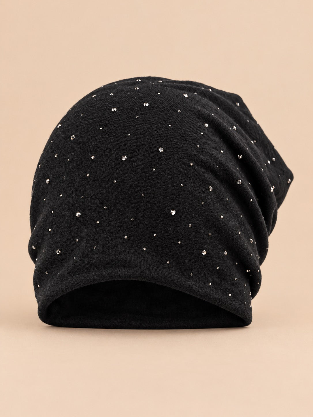 Bonnet slouchy femme à strass en coton tricoté, noir, vue de face