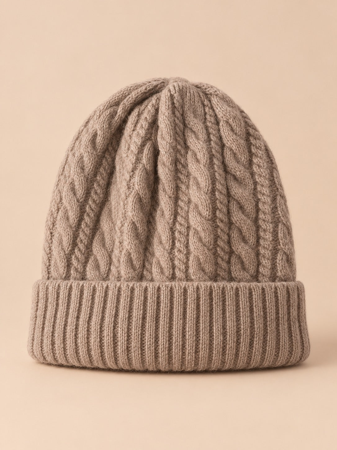 Bonnet torsadé femme en pure laine, camel, vue de face