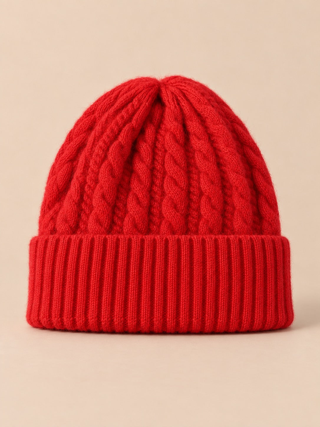 Bonnet torsadé femme en pure laine, rouge, vue de face