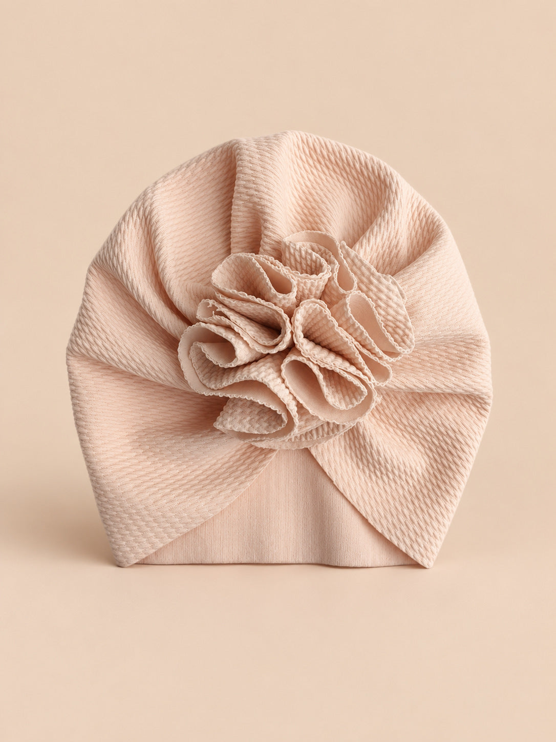 Bonnet turban bébé fille à fleur en tissu, beige, vue de face