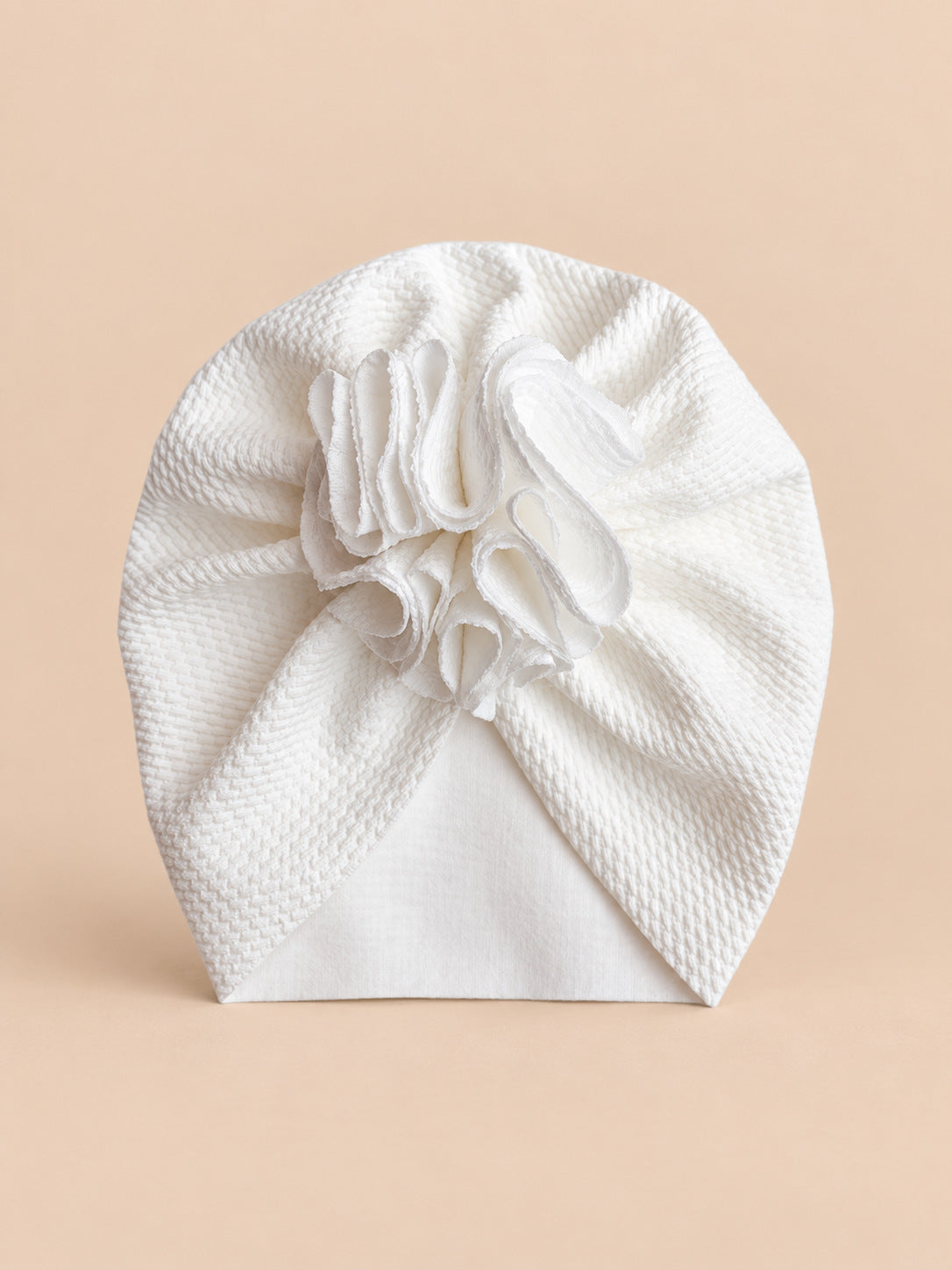 Bonnet turban bébé fille à fleur en tissu, blanc, vue de face