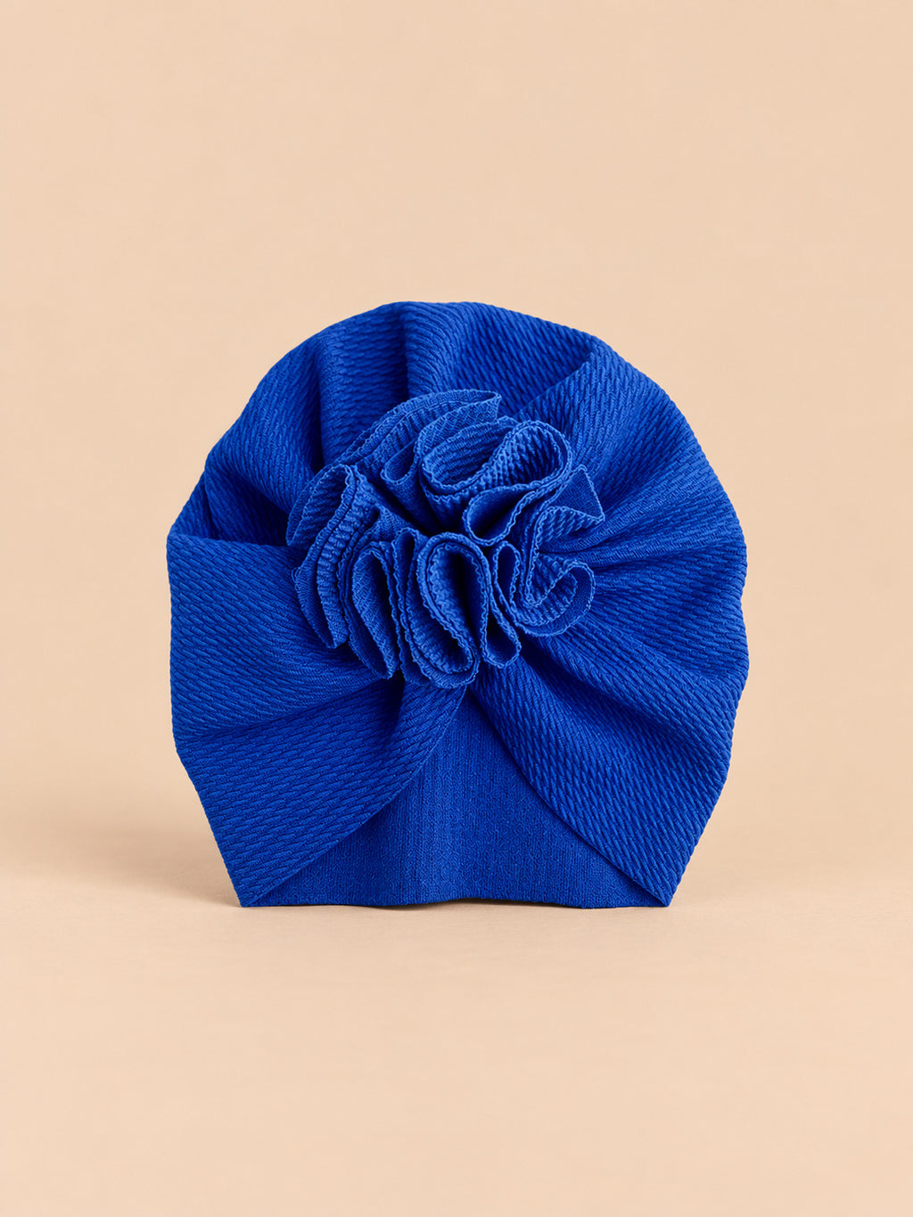 Bonnet turban bébé fille à fleur en tissu, bleu, vue de face