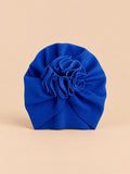 Bonnet turban bébé fille à fleur en tissu, bleu, vue de face