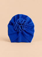 Bonnet turban bébé fille à fleur en tissu, bleu, vue de face