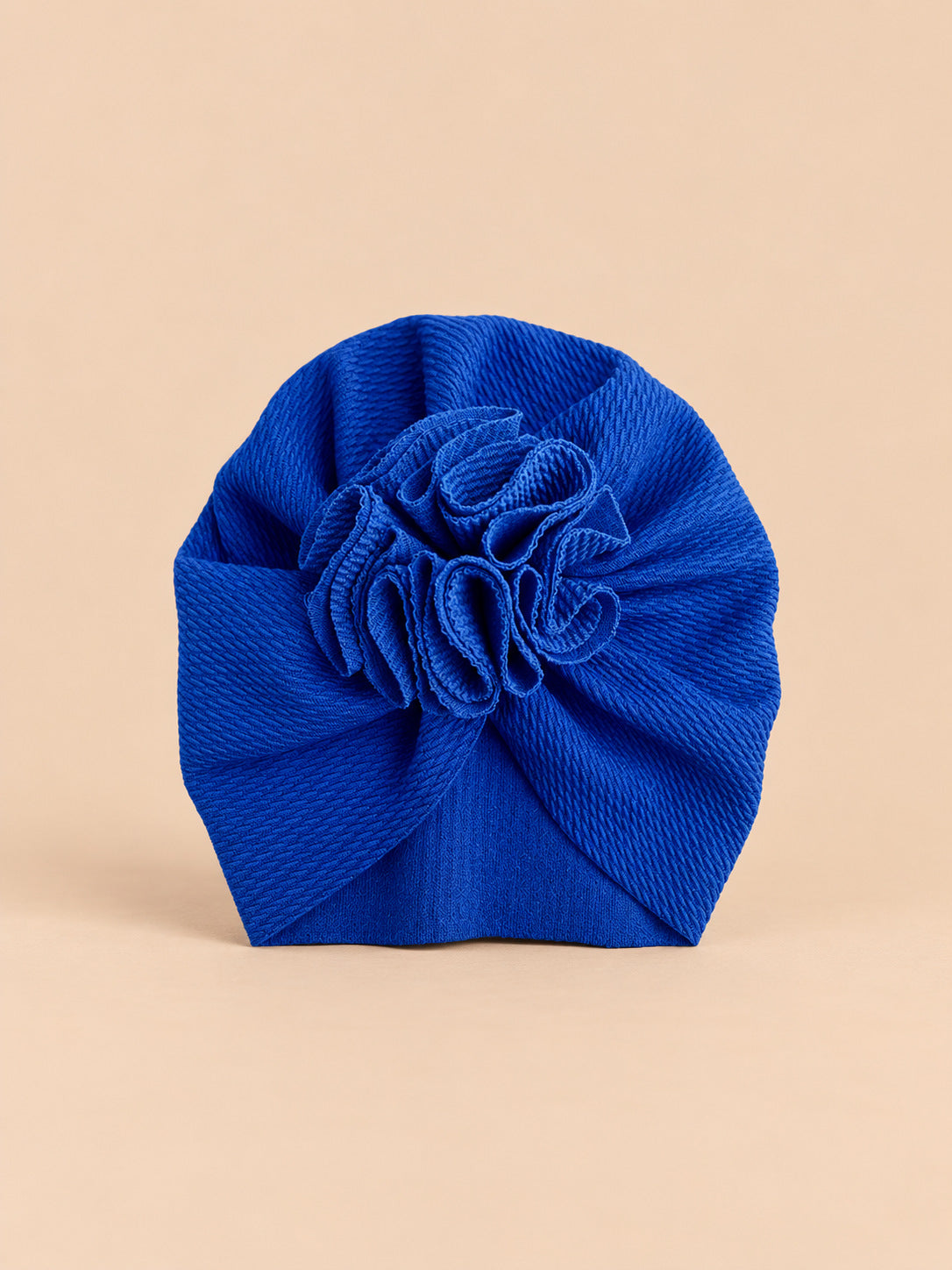 Bonnet turban bébé fille à fleur en tissu, bleu, vue de face
