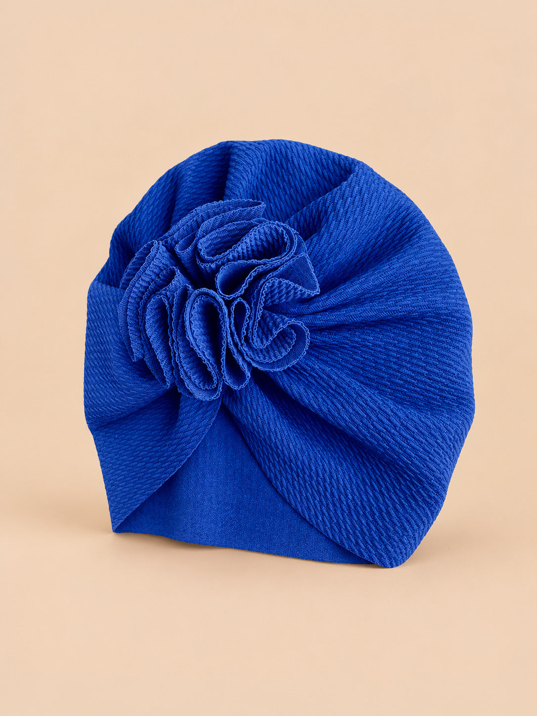 Bonnet turban bébé fille à fleur en tissu, bleu, vue de trois quarts