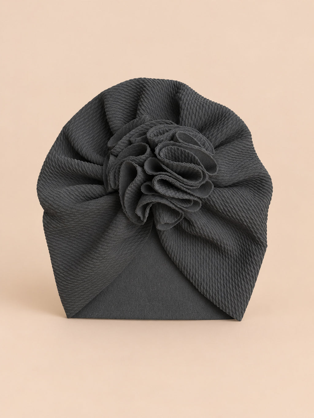 Bonnet turban bébé fille à fleur en tissu, noir, vue de face