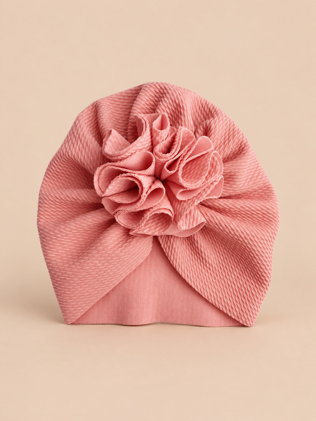 Bonnet turban bébé fille à fleur en tissu, rose, vue de face