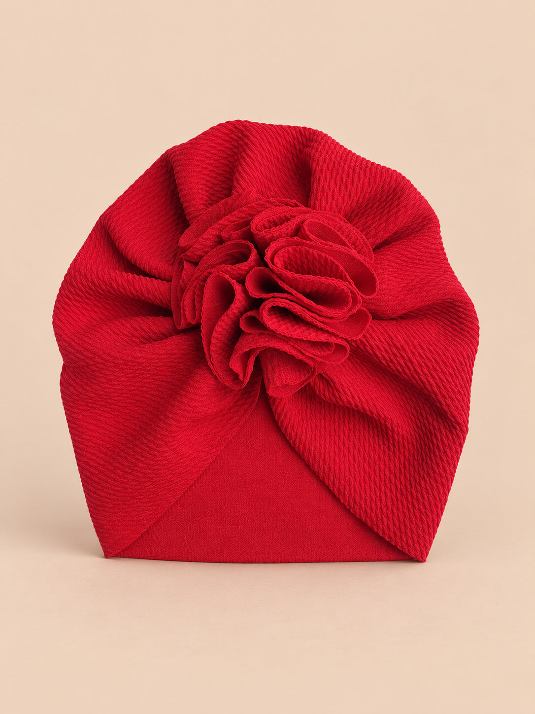 Bonnet turban bébé fille à fleur en tissu, rouge, vue de face