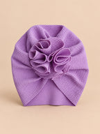Bonnet turban bébé fille à fleur en tissu, violet, vue de face