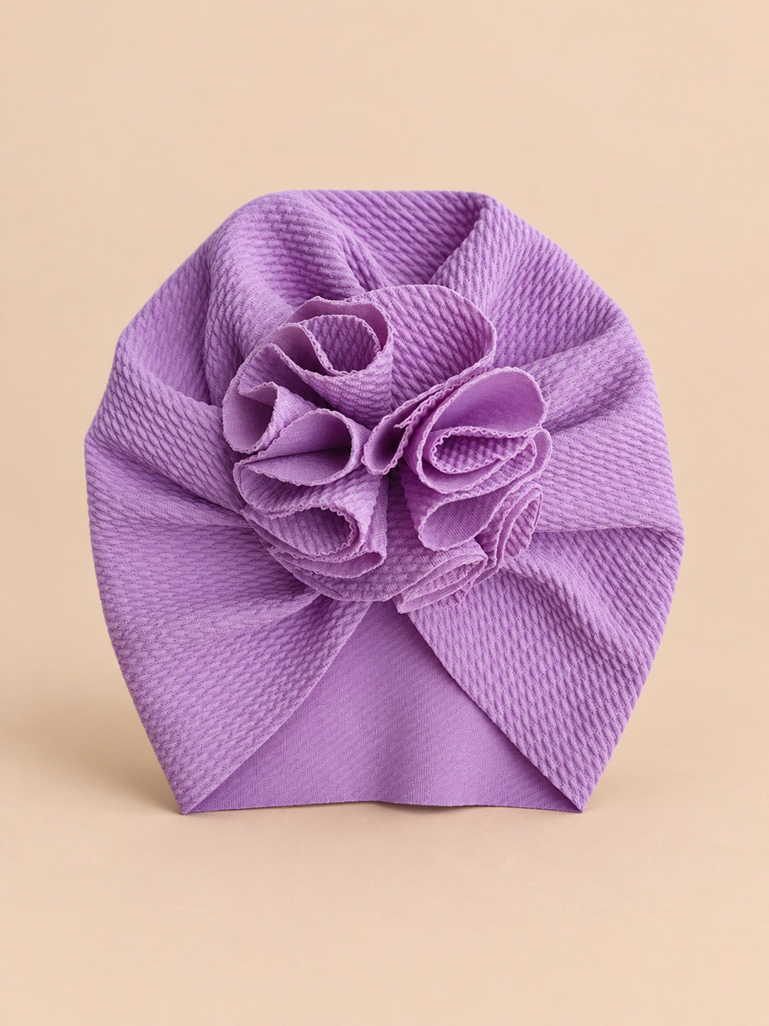 Bonnet turban bébé fille à fleur en tissu, violet, vue de face
