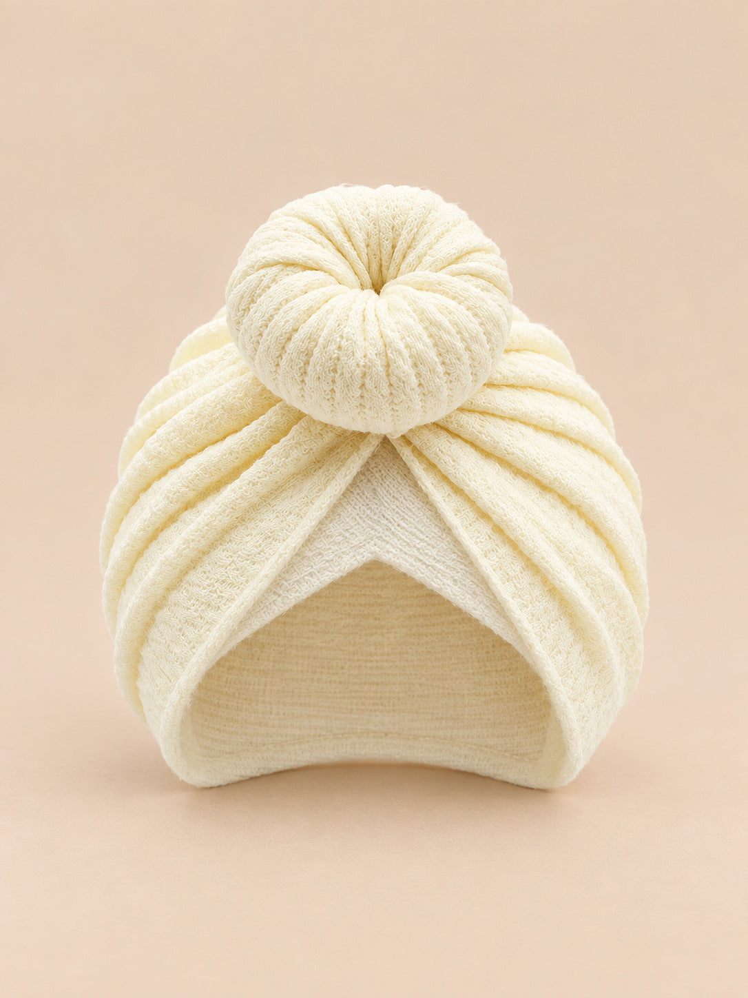 Bonnet turban bébé fille assorti mère-enfant, beige, modèle à rosace, vue de face