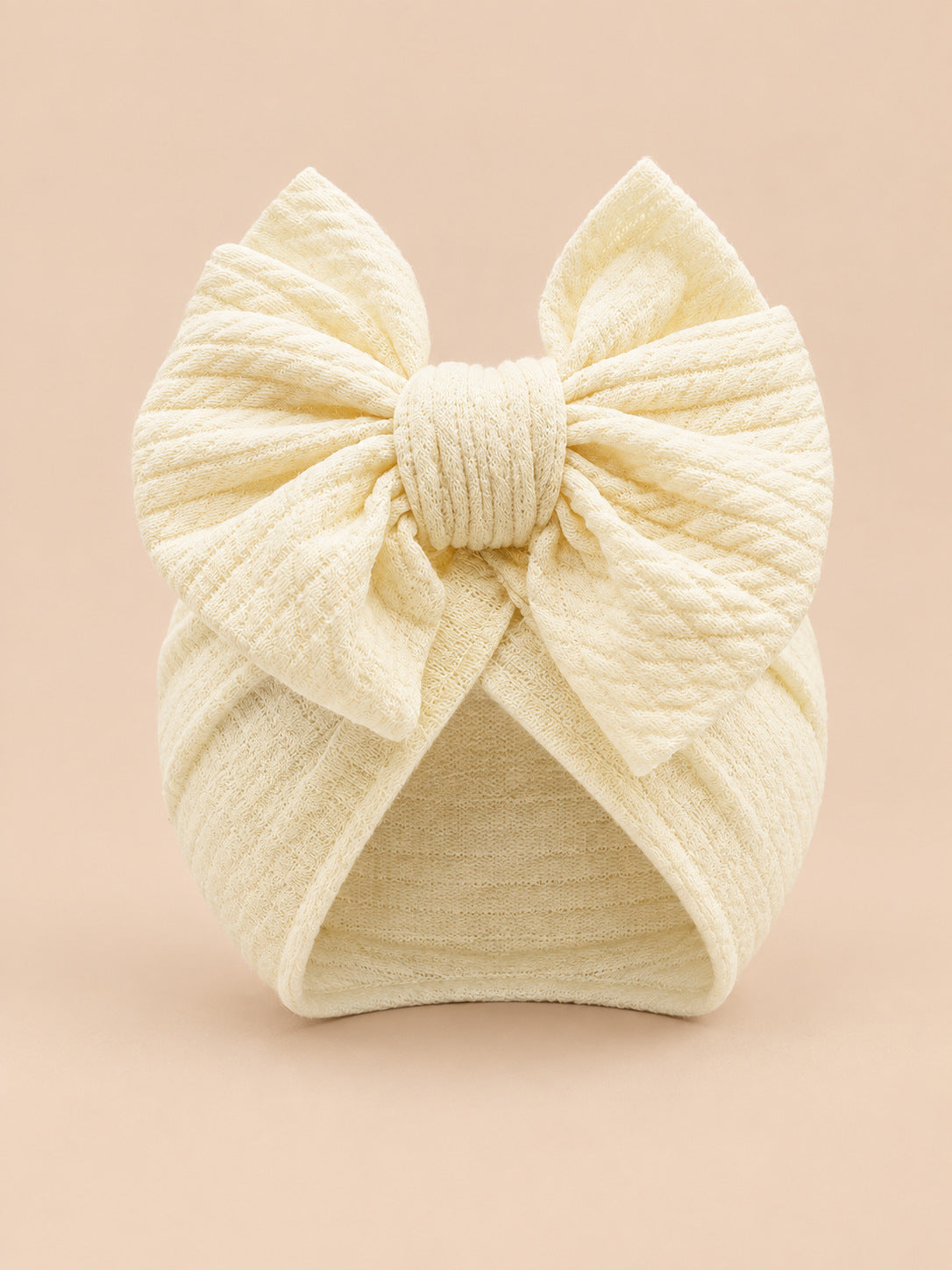 Bonnet turban bébé fille assorti mère-enfant, beige, modèle à nœud, vue de face
