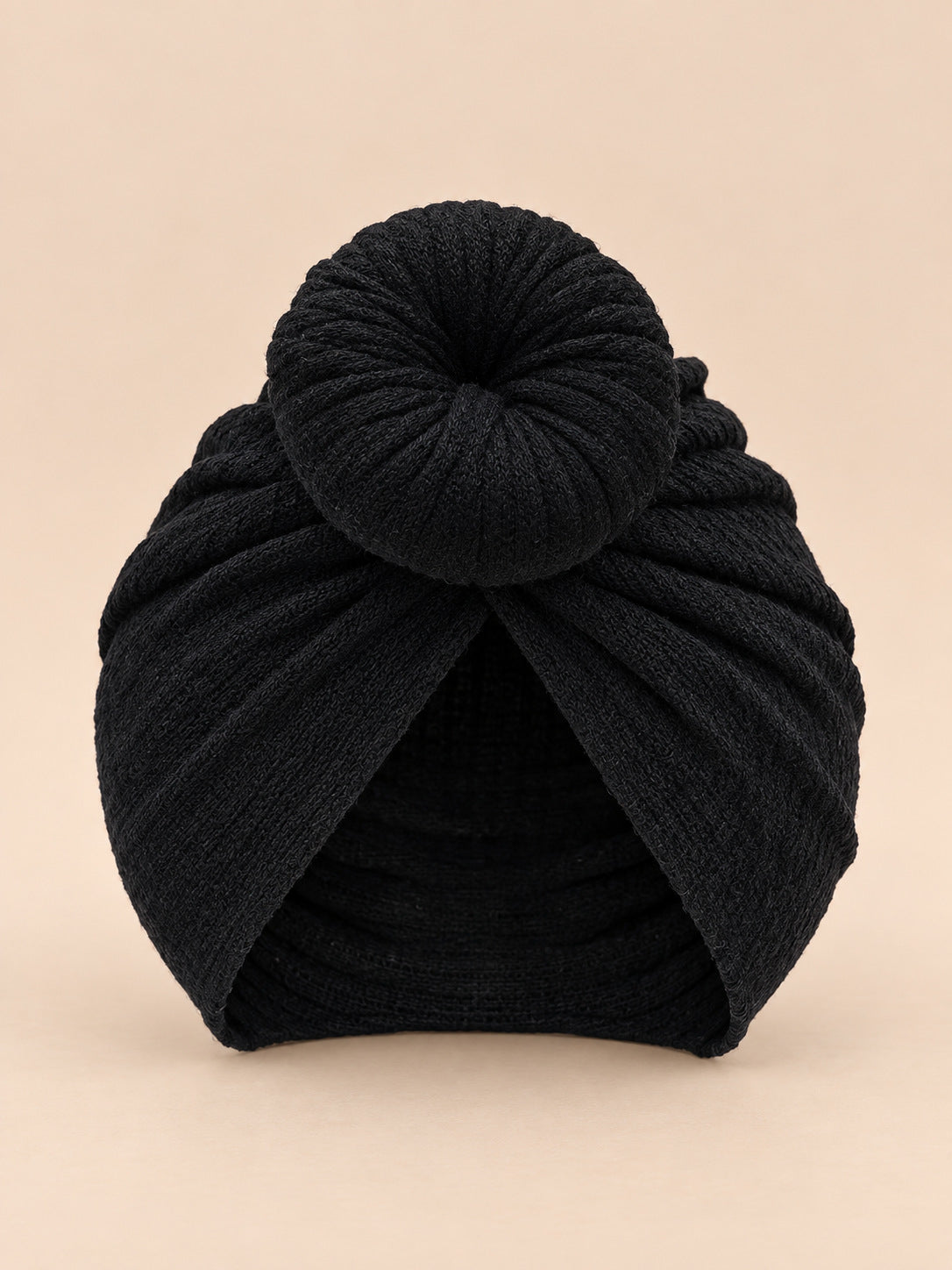 Bonnet turban bébé fille assorti mère-enfant, noir, modèle à rosace, vue de face