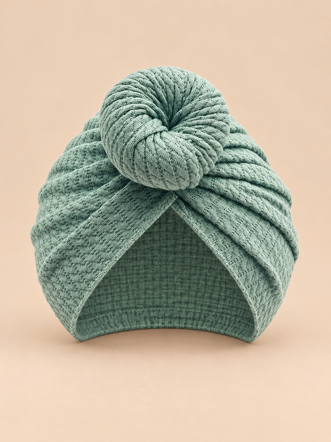 Bonnet turban bébé fille assorti mère-enfant, vert, modèle à rosace, vue de face