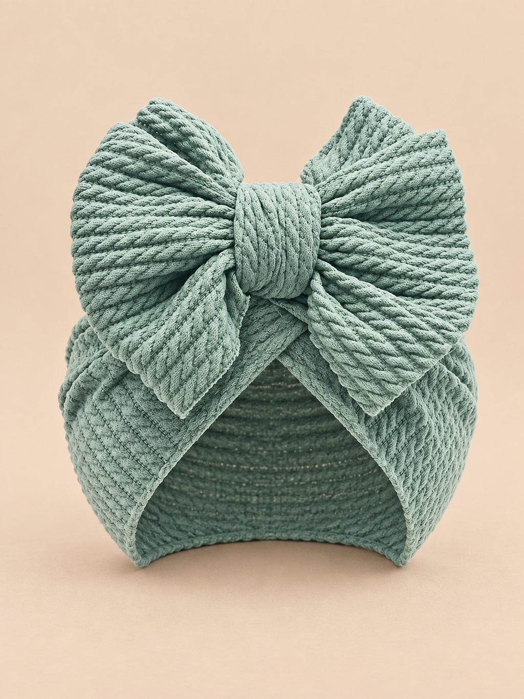 Bonnet turban bébé fille assorti mère-enfant, vert, modèle à nœud, vue de face