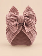 Bonnet turban bébé fille assorti mère-enfant, vieux rose, modèle à nœud, vue de face
