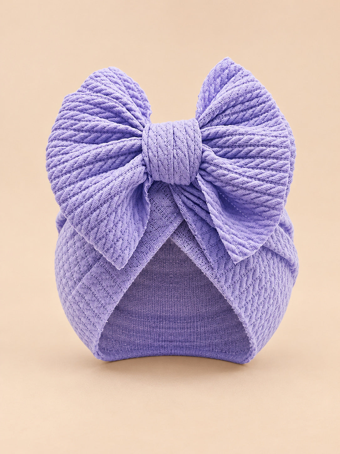 Bonnet turban bébé fille assorti mère-enfant, violet, modèle à nœud, vue de face