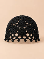 Bonnet turban perlé au crochet, noir, vue de face