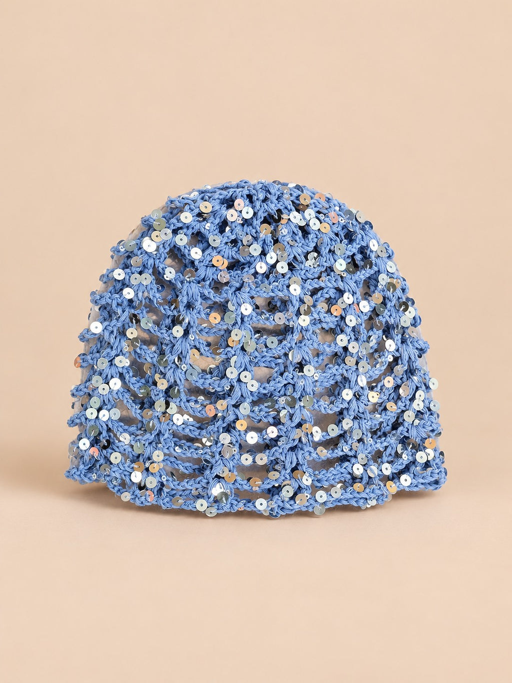 Bonnet vintage ajouré à sequins pour femme, coloris Bleu, vue de face