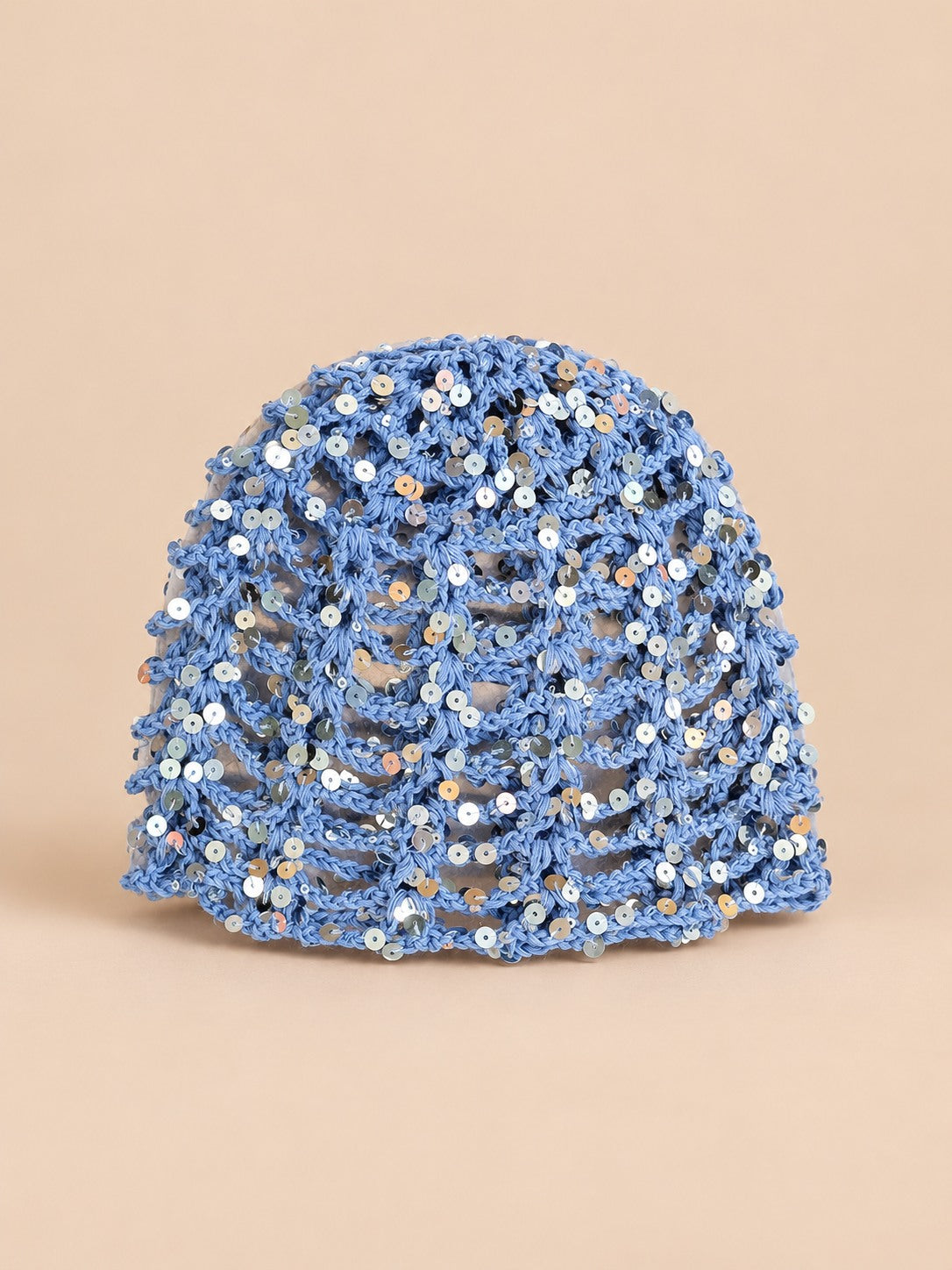 Bonnet vintage ajouré à sequins pour femme, coloris Bleu, vue de face