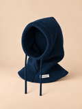 Cagoule femme en laine bleu, col intégré et cordons, vue de face